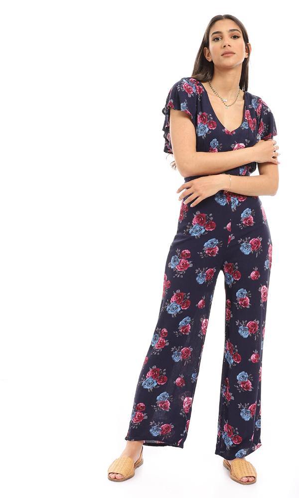 57312 Deep V-Neck Floral Navy Blue Open Back Jumpsuit - Ravin 