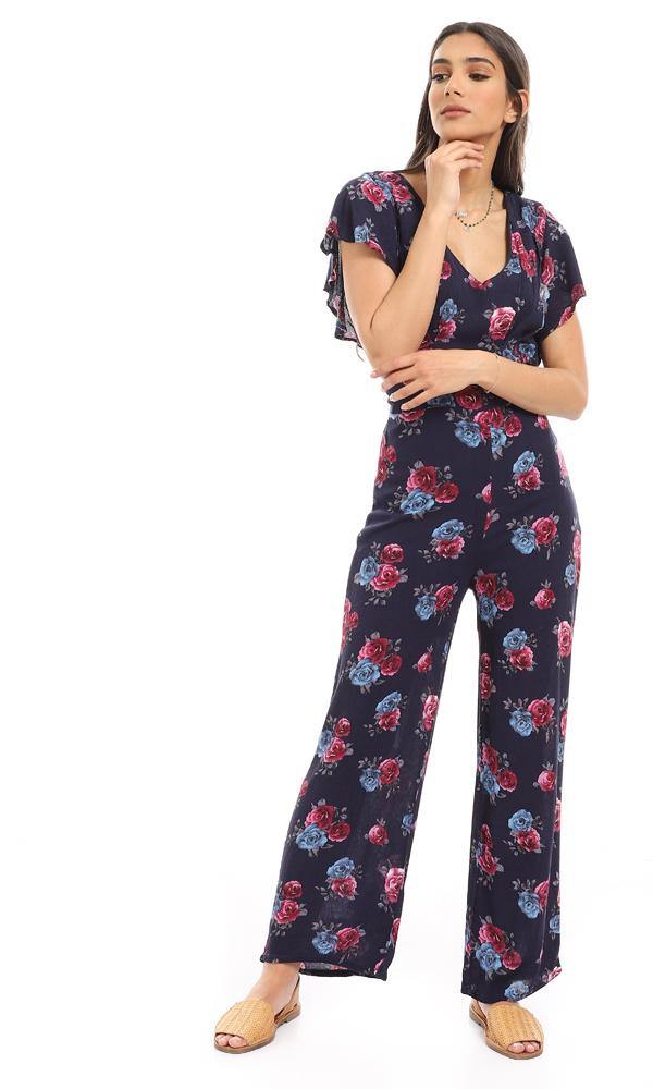 57312 Deep V-Neck Floral Navy Blue Open Back Jumpsuit - Ravin 