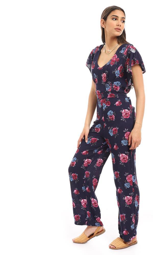 57312 Deep V-Neck Floral Navy Blue Open Back Jumpsuit - Ravin 