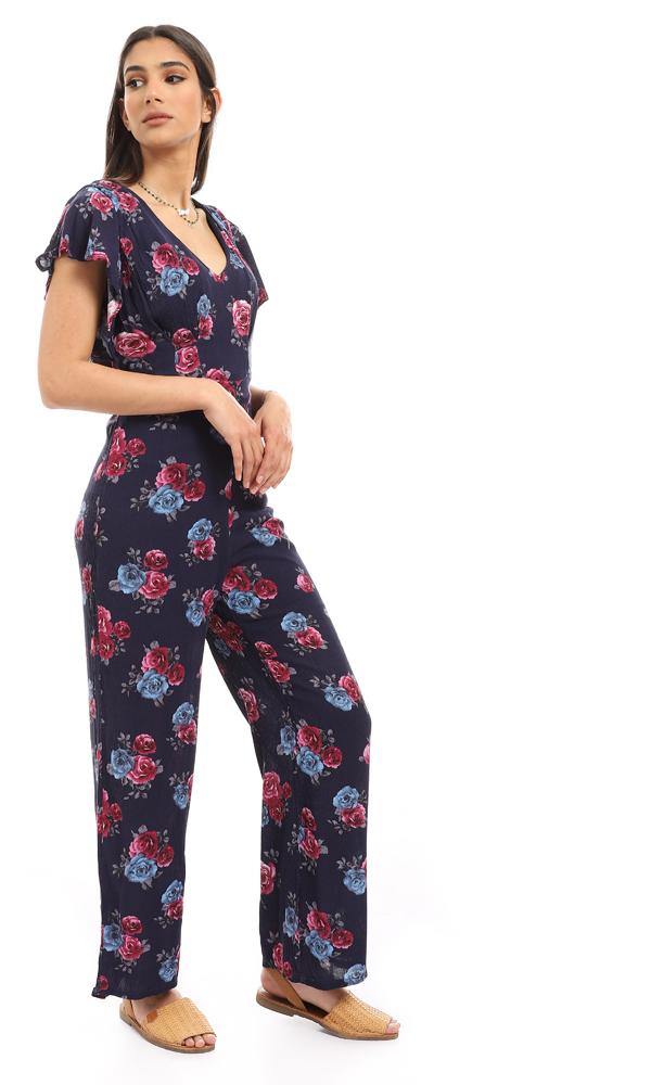 57312 Deep V-Neck Floral Navy Blue Open Back Jumpsuit - Ravin 