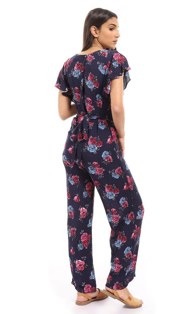 57312 Deep V-Neck Floral Navy Blue Open Back Jumpsuit - Ravin 