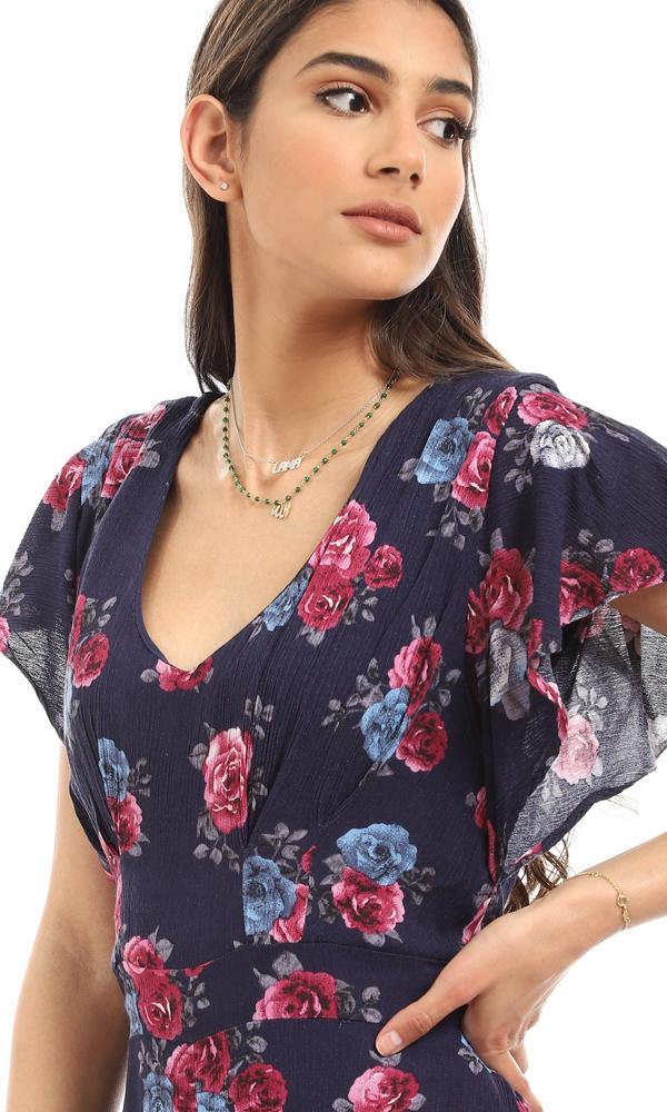 57312 Deep V-Neck Floral Navy Blue Open Back Jumpsuit - Ravin 