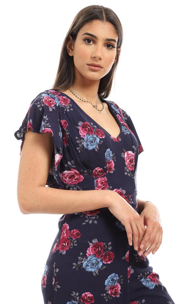 57312 Deep V-Neck Floral Navy Blue Open Back Jumpsuit - Ravin 