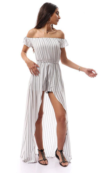 57329 Off-Shoulders Striped Playsuit With Long Extension - White & Black - Ravin 