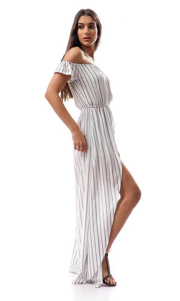 57329 Off-Shoulders Striped Playsuit With Long Extension - White & Black - Ravin 