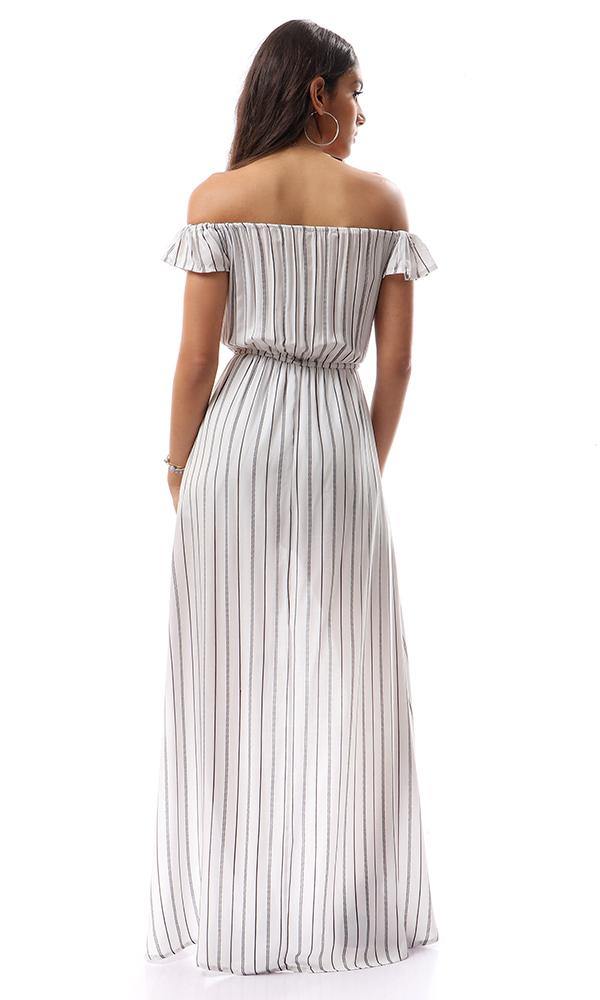 57329 Off-Shoulders Striped Playsuit With Long Extension - White & Black - Ravin 