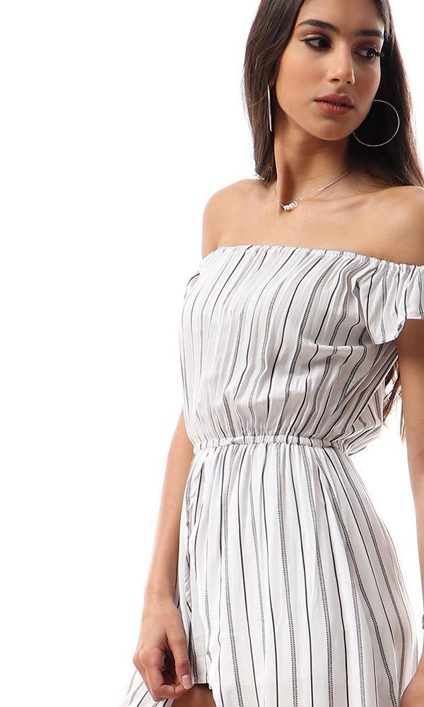 57329 Off-Shoulders Striped Playsuit With Long Extension - White & Black - Ravin 