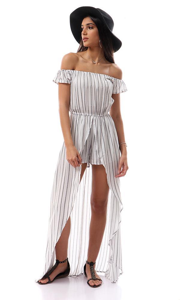 57329 Off-Shoulders Striped Playsuit With Long Extension - White & Black - Ravin 