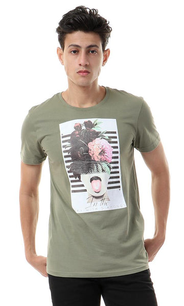 57484 Floral Head With Stripes Olive T-shirt - Ravin 