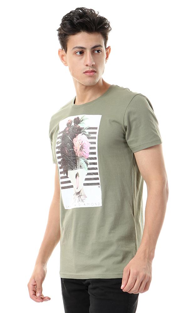 57484 Floral Head With Stripes Olive T-shirt - Ravin 