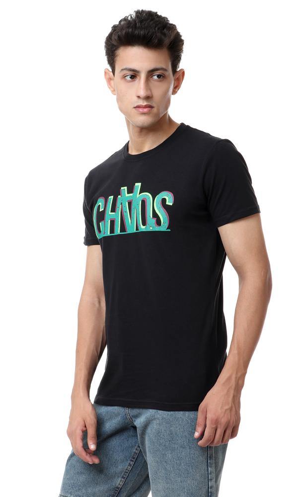 57521 Chest Printing Round Black T-shirt - Ravin 