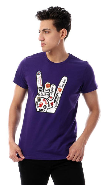 57574 Printed Hand Short Sleeves Purple T-shirt - Ravin 