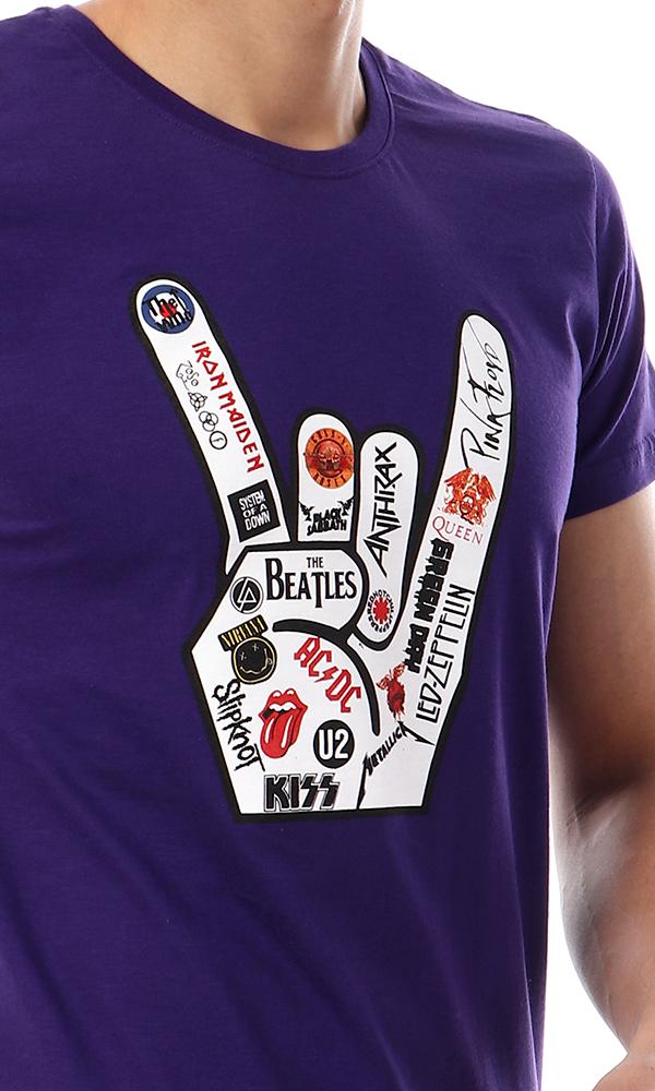 57574 Printed Hand Short Sleeves Purple T-shirt - Ravin 