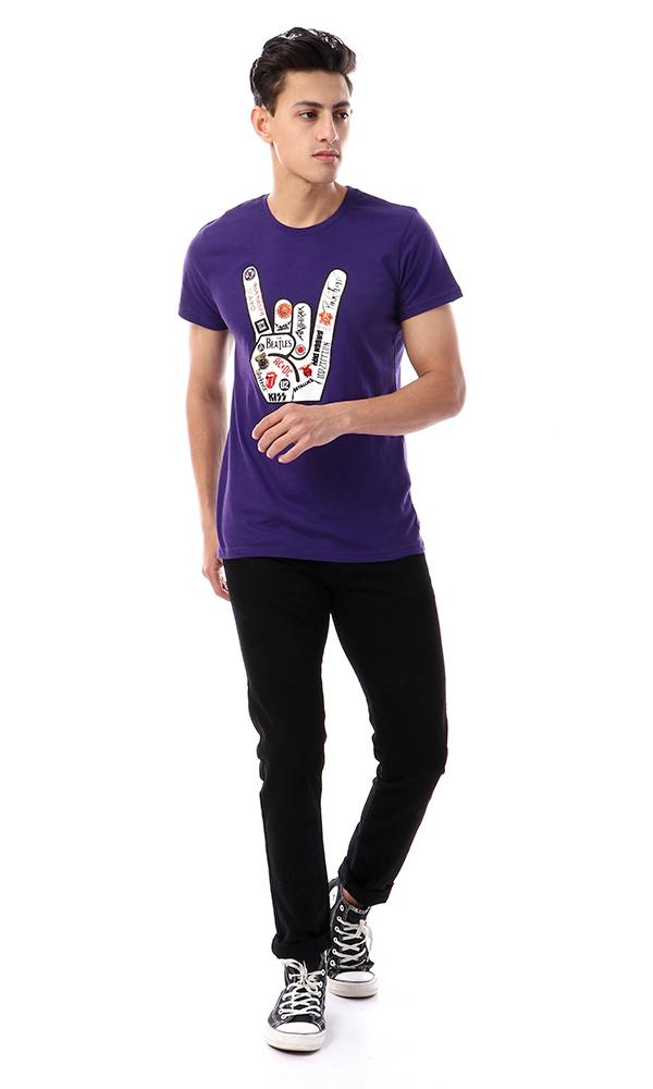 57574 Printed Hand Short Sleeves Purple T-shirt - Ravin 