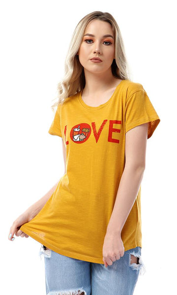 57583 Love Printed Round Slip Mustard T-shirt - Ravin 