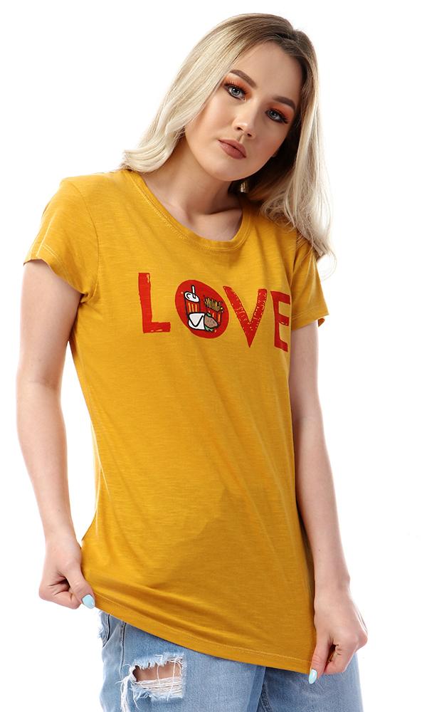 57583 Love Printed Round Slip Mustard T-shirt - Ravin 