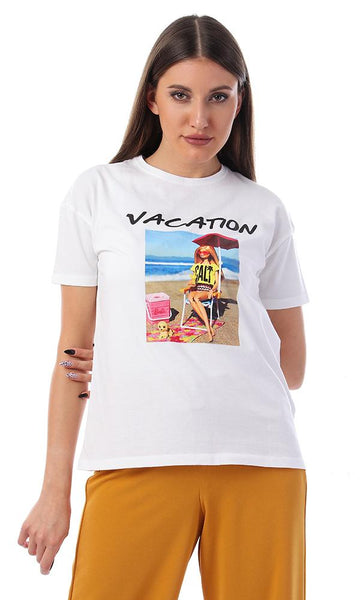 57585 Printed Vacation Slip On White T-shirt - Ravin 