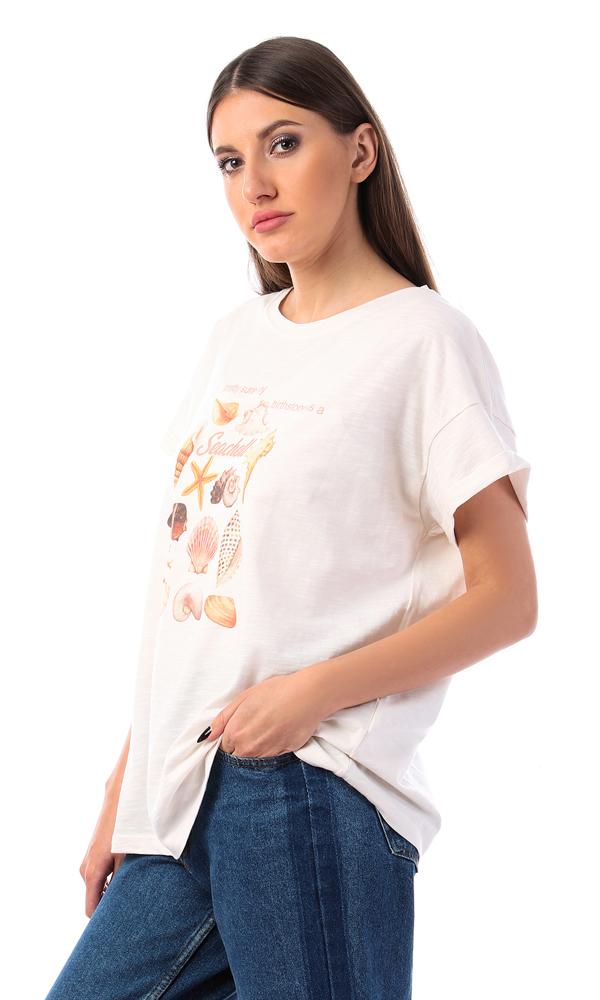 57600 Seashell Printed Slip On Summer Tee - Off-White - Ravin 