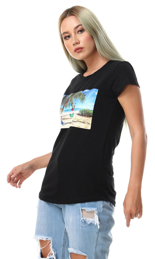 57601 Slip On Printed Summer Black T-Shirt - Ravin 