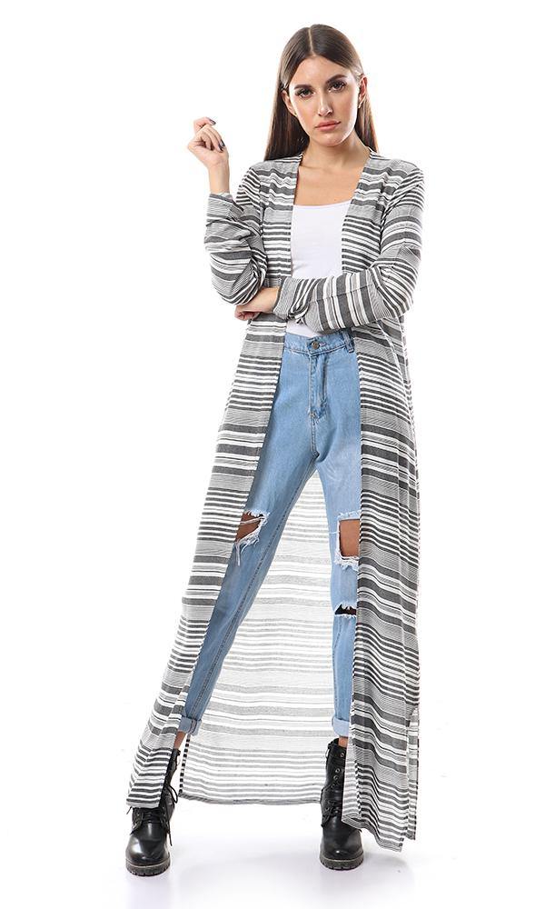 57621 Unbalanced Lightweigh Striped Long Cardigan - Black & White - Ravin 