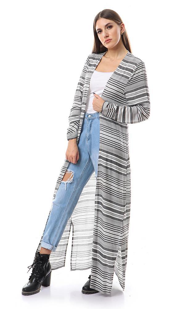 57621 Unbalanced Lightweigh Striped Long Cardigan - Black & White - Ravin 