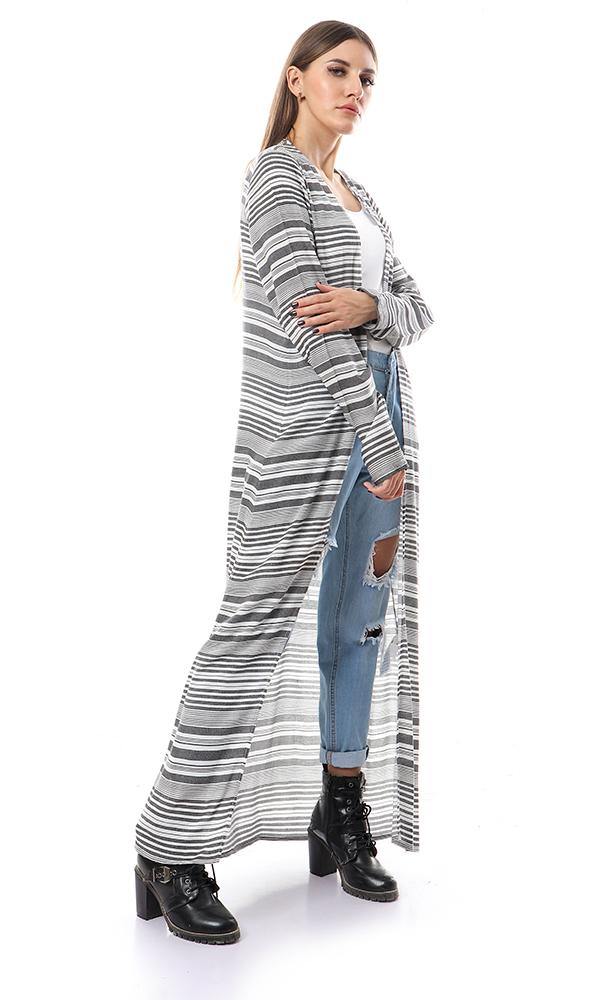 57621 Unbalanced Lightweigh Striped Long Cardigan - Black & White - Ravin 