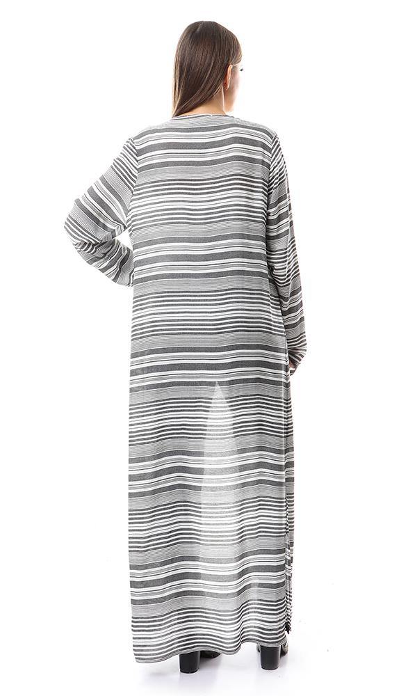 57621 Unbalanced Lightweigh Striped Long Cardigan - Black & White - Ravin 