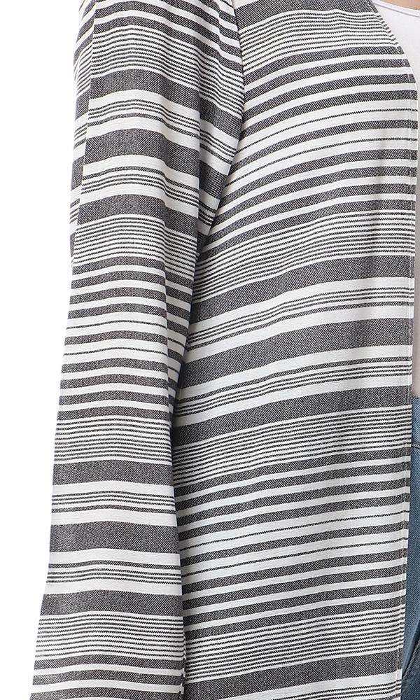 57621 Unbalanced Lightweigh Striped Long Cardigan - Black & White - Ravin 