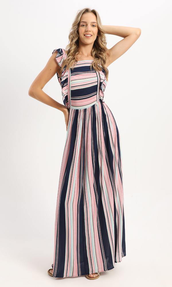 57627 Striped Colorful Elastic Waist Long Dress - Ravin 