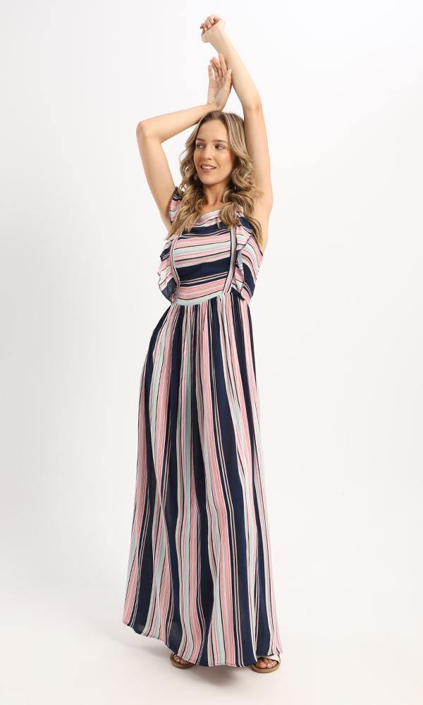 57627 Striped Colorful Elastic Waist Long Dress - Ravin 