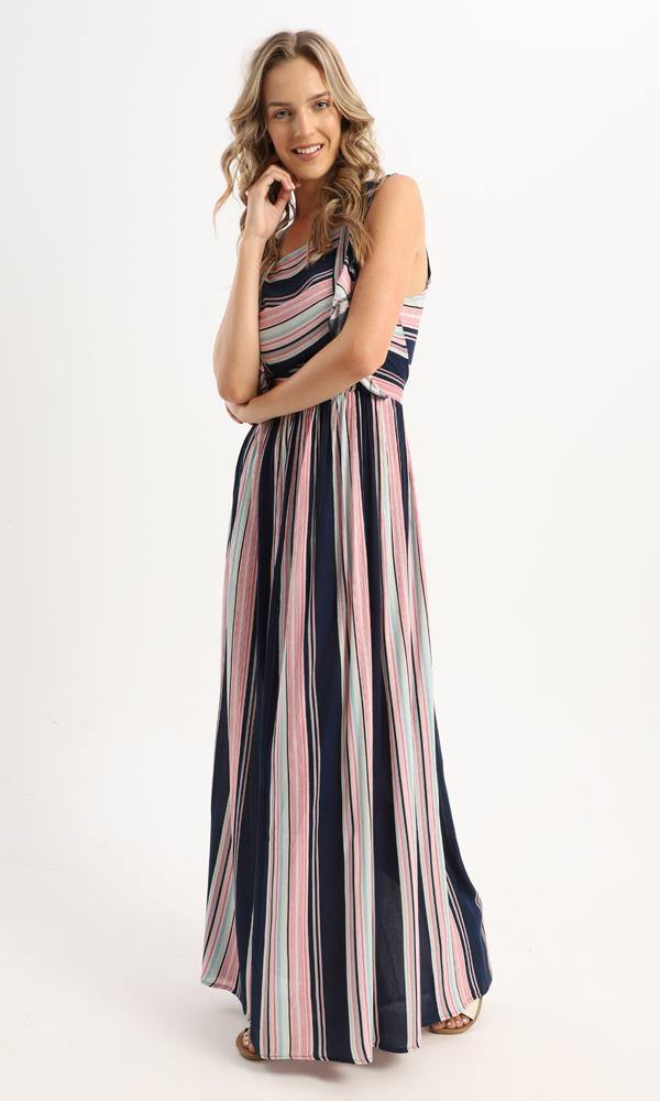 57627 Striped Colorful Elastic Waist Long Dress - Ravin 