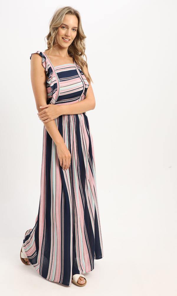 57627 Striped Colorful Elastic Waist Long Dress - Ravin 