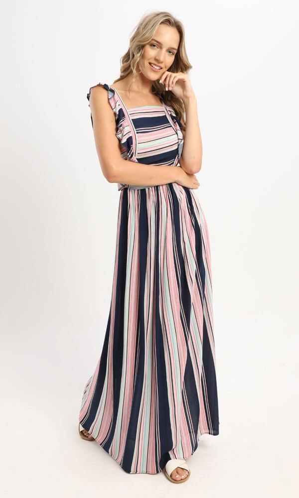 57627 Striped Colorful Elastic Waist Long Dress - Ravin 