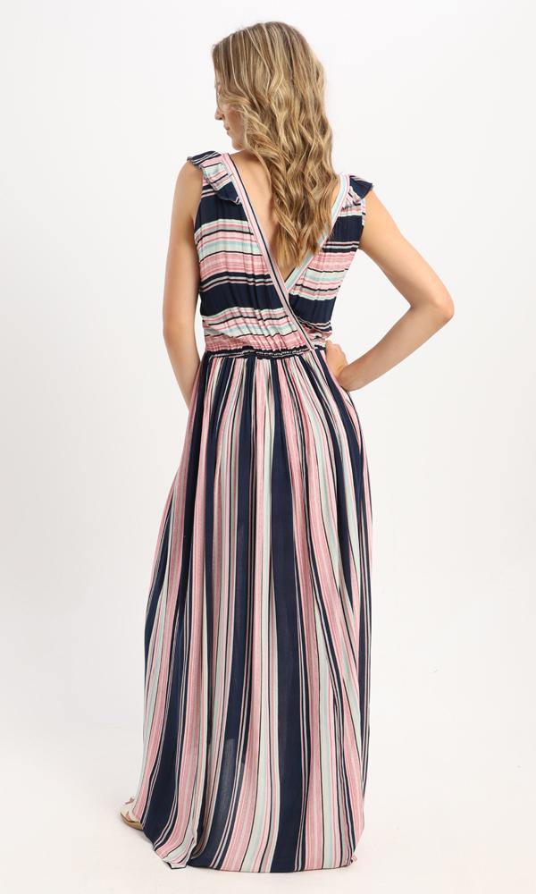 57627 Striped Colorful Elastic Waist Long Dress - Ravin 