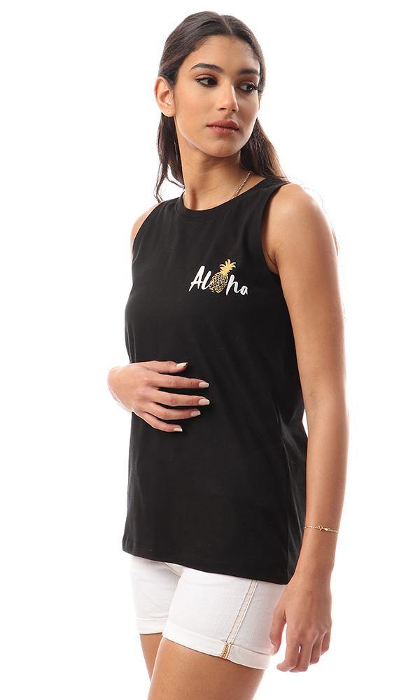 57637 Printed "Aloha" Sleeveless Black T-shirt - Ravin 