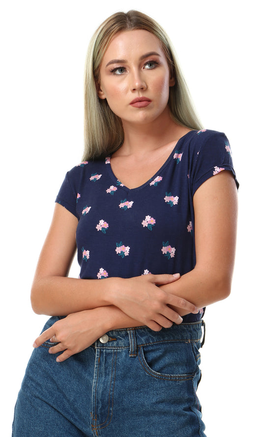 57660 Floral Slip On Short Sleeves Navy Blue Top - Ravin 