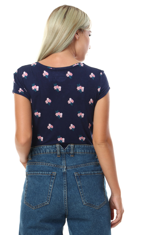 57660 Floral Slip On Short Sleeves Navy Blue Top - Ravin 