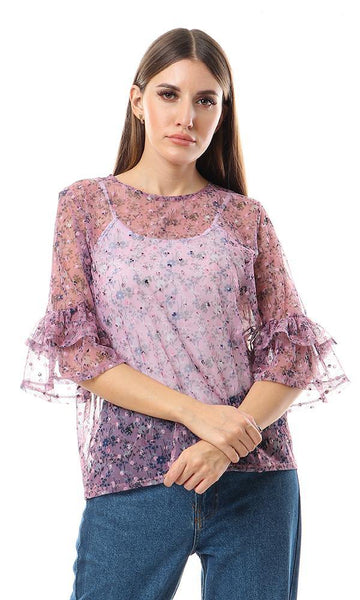 57710 Cheer Bell Sleeves Floral Mauve Bloue - Ravin 