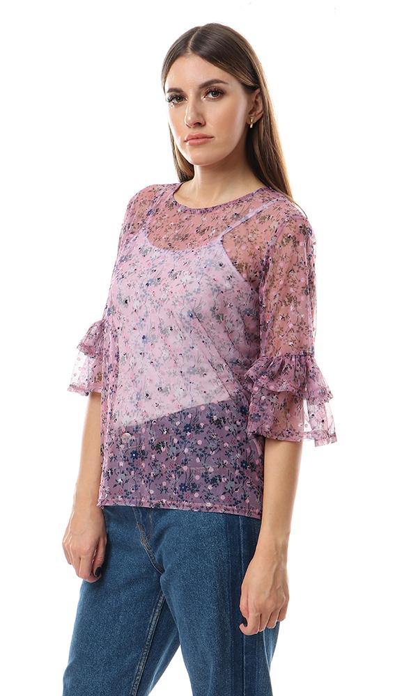 57710 Cheer Bell Sleeves Floral Mauve Bloue - Ravin 