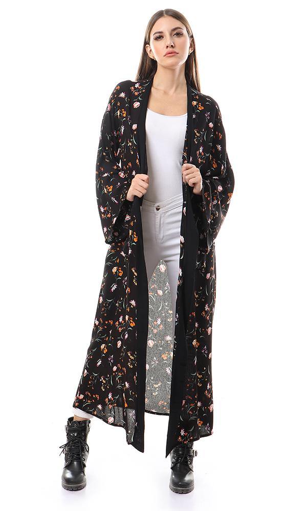 57713 Wide Sleeves Floral Black Long Cardigan - Ravin 