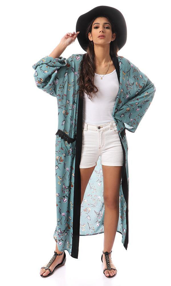 57714 Dark Mint Floral Cardigan With Black Neckline - Ravin 