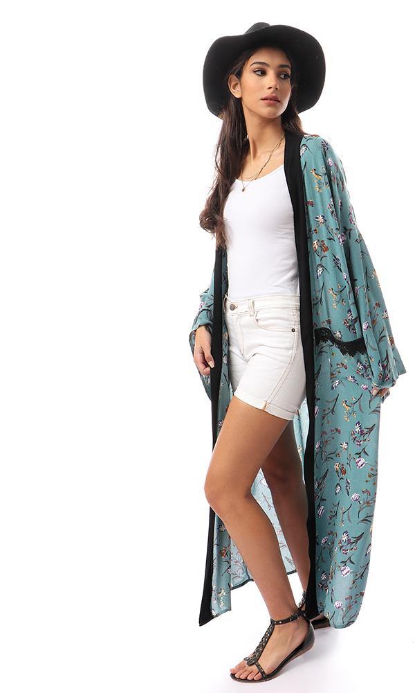 57714 Dark Mint Floral Cardigan With Black Neckline - Ravin 