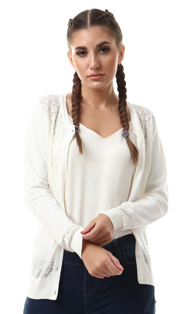 57726 Lace Accent With Full Sleeves Cardigan - Off White - Ravin 