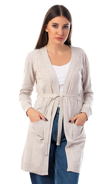 57730 Ribbed Cuffs Open Neckline Cardigan - Beige - Ravin 