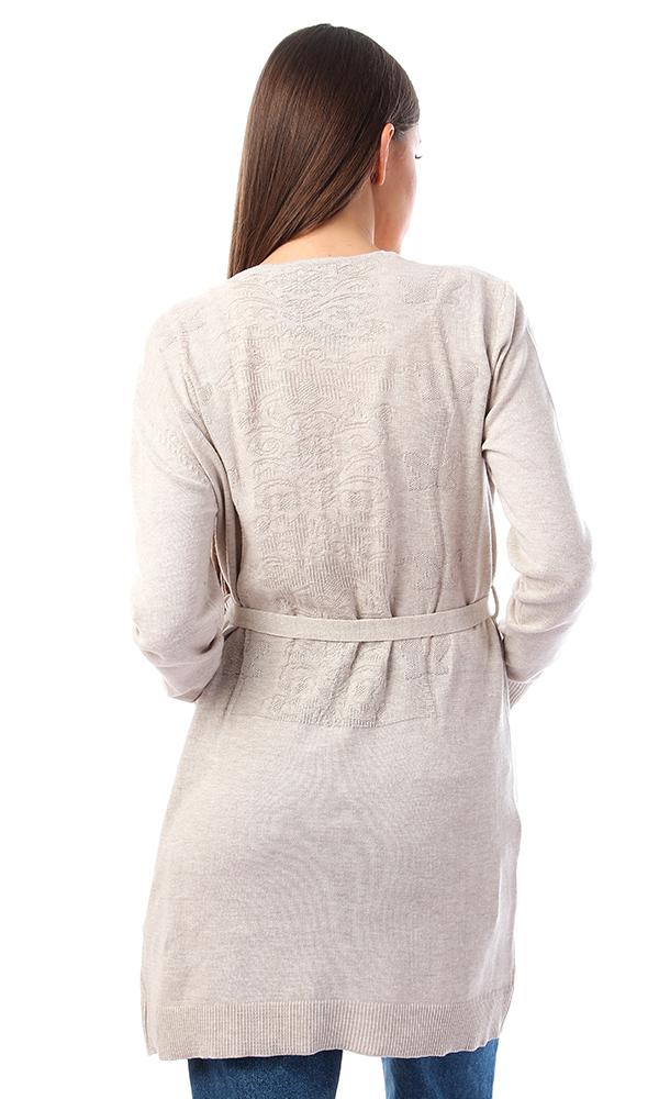 57730 Ribbed Cuffs Open Neckline Cardigan - Beige - Ravin 