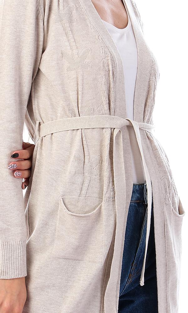 57730 Ribbed Cuffs Open Neckline Cardigan - Beige - Ravin 