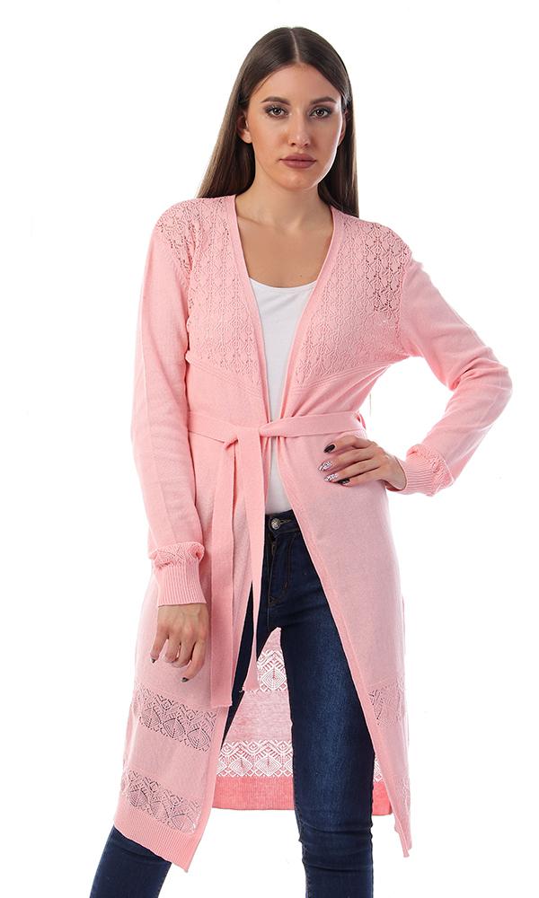 57731 Perforated Open Neckline Light Pink Cardigan - Ravin 