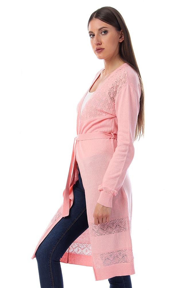 57731 Perforated Open Neckline Light Pink Cardigan - Ravin 