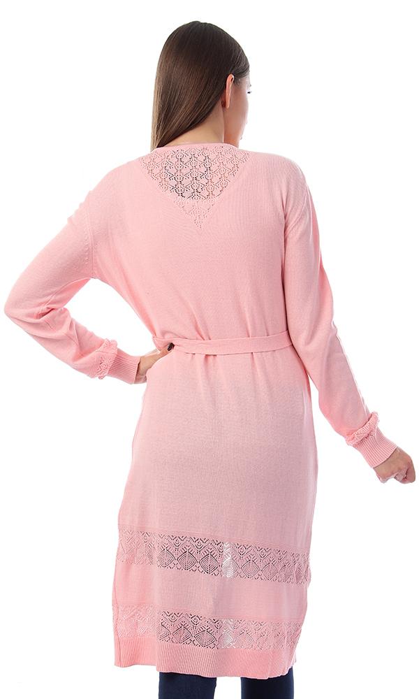 57731 Perforated Open Neckline Light Pink Cardigan - Ravin 