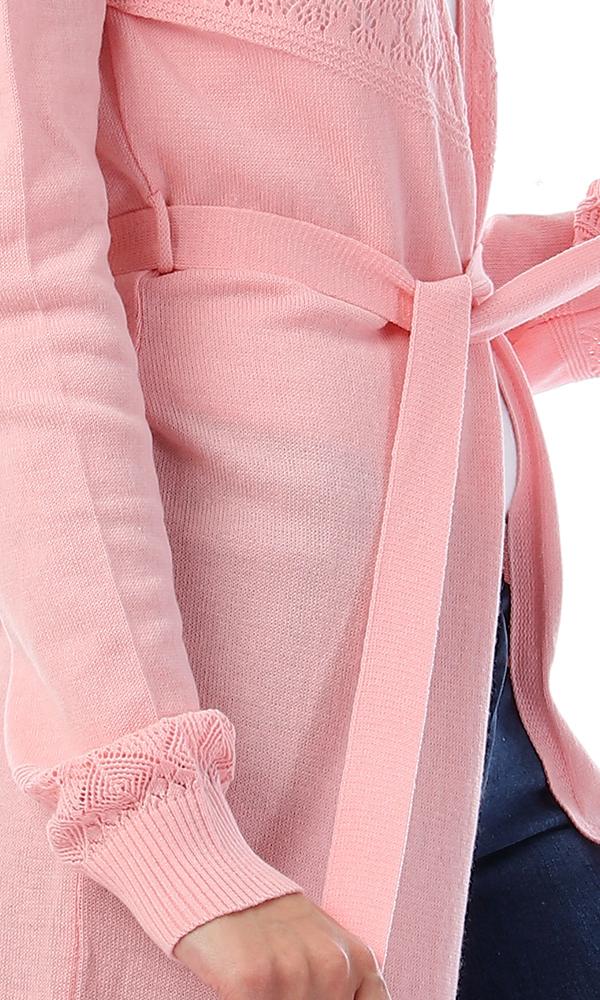 57731 Perforated Open Neckline Light Pink Cardigan - Ravin 